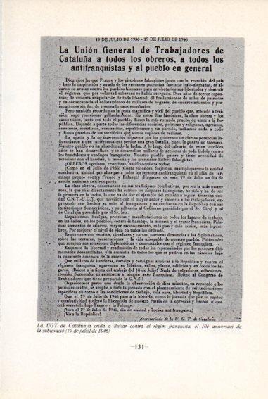 LAMINA V45092: UGT Catalunya crida a lluitar contra el franquisme juliol 1946