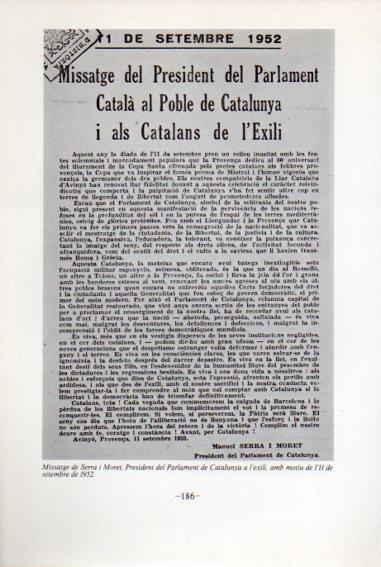 LAMINA V45105: Missatge de Serra y Moret per 11 setembre 1952