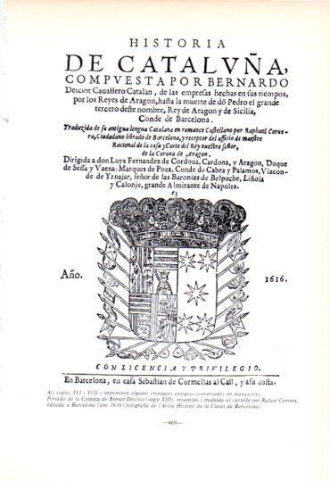 LAMINA V45260: Portada Cronica de Bernat Desclot 1616