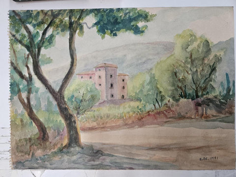 Dibujo (numerado 14) de acuarela o similar: Casa de campo, realizado sobre una hoja de un bloc de dibujo