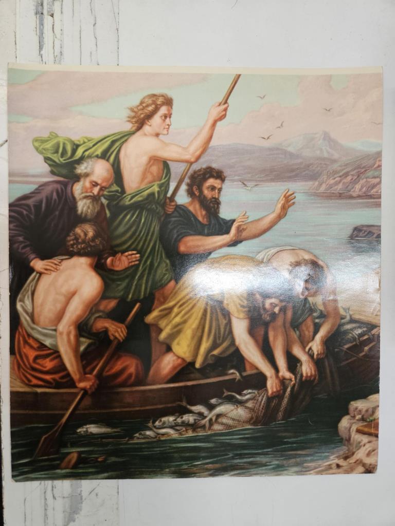 Lamina/póster (numerada 8): ilustración de pescadores con una red llena de peces