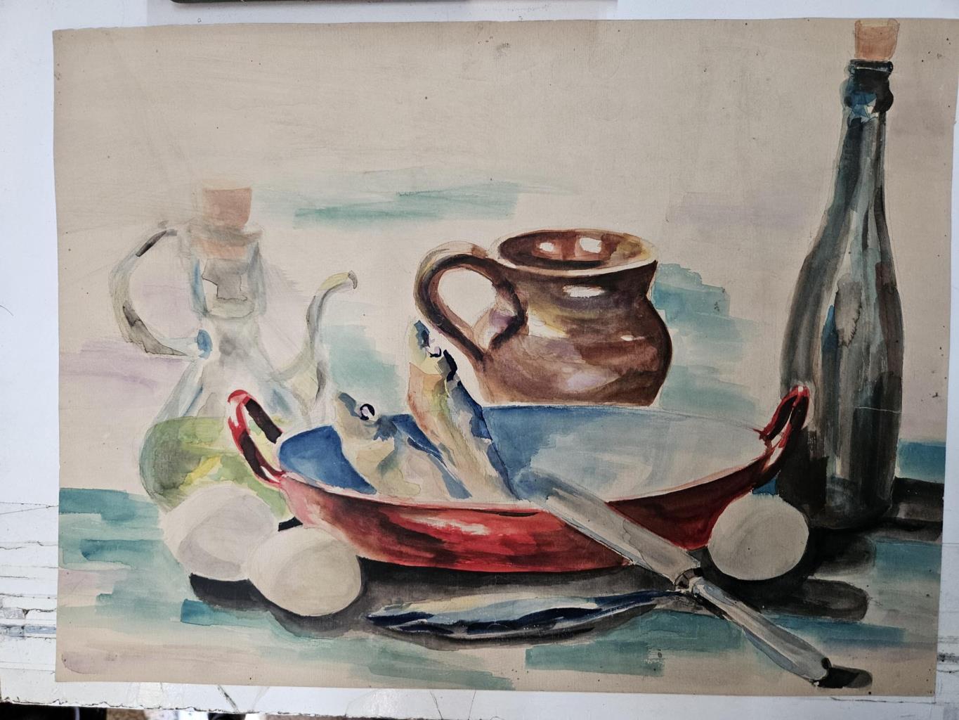 Lámina (numerada 1): dibujo con acuarelas, con diferentes útiles e ingredientes para cocinar pescado