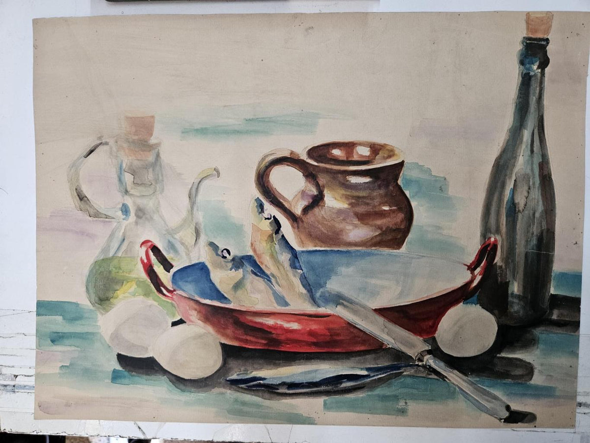 Lámina (numerada 1): dibujo con acuarelas, con diferentes útiles e ingredientes para cocinar pescado