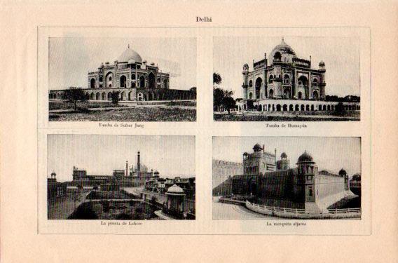 LAMINA V46949: Tambas de Sufter Jung y Humayan, Puerta de Lahore y Mezquita aljama en Delhi