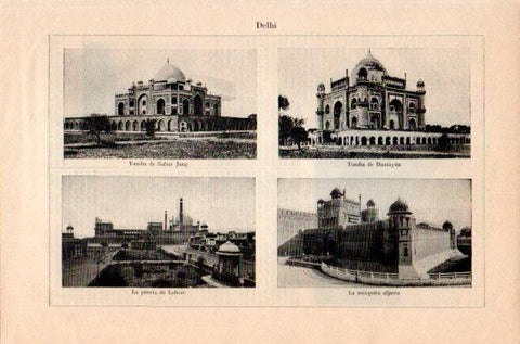 LAMINA V46949: Tambas de Sufter Jung y Humayan, Puerta de Lahore y Mezquita aljama en Delhi