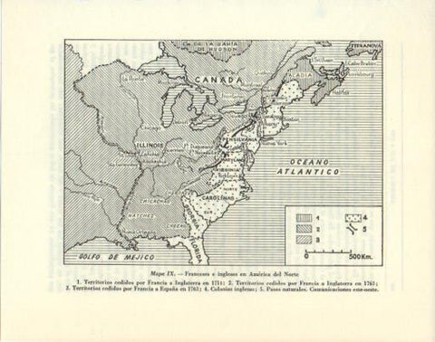 LAMINA V47965: Franceses e ingleses en America del Norte, mapa