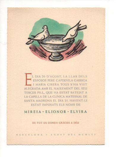 V48668: Tarjeta nacimiento y bautizo hija en Capilla Clinica Santa Madrona 1956