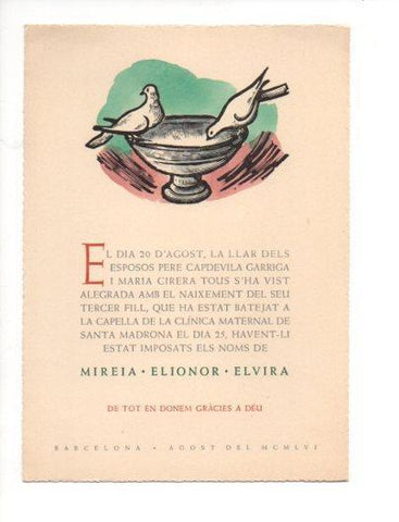 V48668: Tarjeta nacimiento y bautizo hija en Capilla Clinica Santa Madrona 1956