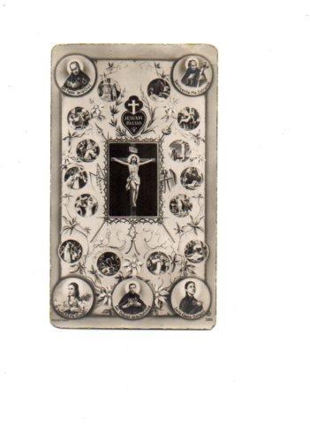 V48559: Estampa religiosa de Jesucristo en la Cruz rodeado de Santos.