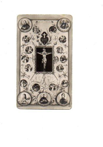 V48559: Estampa religiosa de Jesucristo en la Cruz rodeado de Santos.