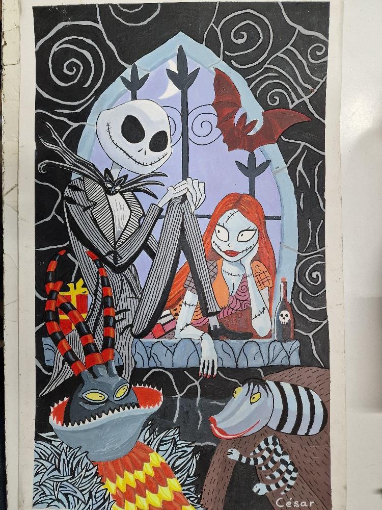 Pintura/dibujo en papel rugoso: Jack y Sally de Pesadilla antes de Navidad. Firmado por César