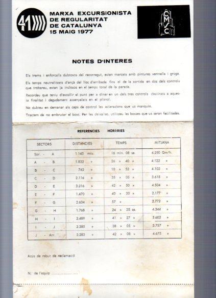 V49078: Marxa excursionista de regularitat de Catalunya Maig 1977. Notes de interes