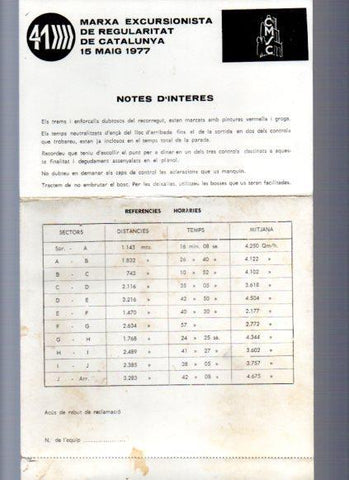 V49078: Marxa excursionista de regularitat de Catalunya Maig 1977. Notes de interes