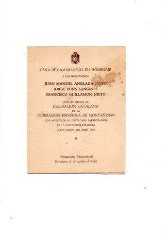 V49108: Cena Homenaje a Montañeros Expedicion a los Andes del Peru 1961. Delegacion catalana Federacion de Montañismo