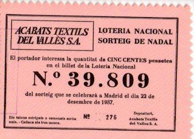 V49095: Participacion de Loteria Nacional de Nadal en tela de Acabats Textils del Valles