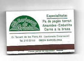 CAJA DE CERILLAS 34: Restaurante La Barbacoa de Gracia. Barcelona