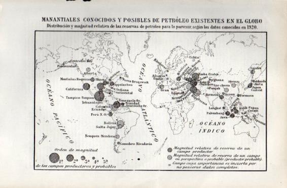LAMINA V49918: Mapa del mundo manantiales de petroleo en 1920