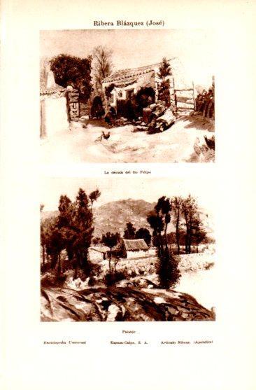 LAMINA V50072: La casuca del tio Felipe y Paisaje por Jose Ribera Blazquez