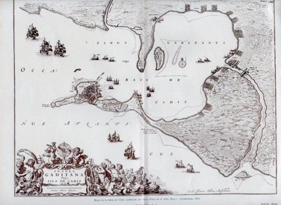 LAMINA V50098: Mapa de la bahia de Cadiz del Atlas Mayor publicado con Blaeu 1672