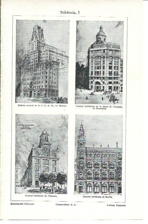 LAMINA ESPASA 40149: Edificios de Telefonia en Madrid, Barcelona, Valencia y Sevilla