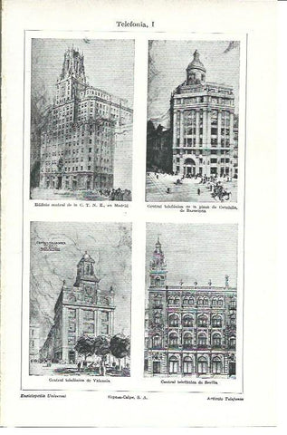 LAMINA ESPASA 40149: Edificios de Telefonia en Madrid, Barcelona, Valencia y Sevilla