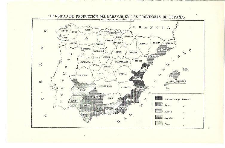 LAMINA ESPASA 40098: Mapa de España de densidad de produccion de naranjo