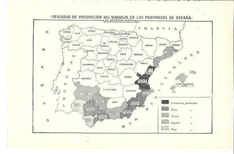 LAMINA ESPASA 40098: Mapa de España de densidad de produccion de naranjo