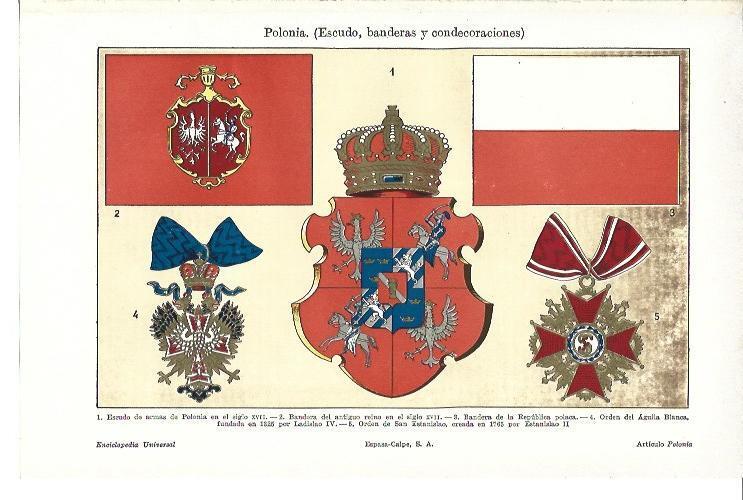 LAMINA ESPASA 40279: Escudo, banderas y condecoraciones de Polonia