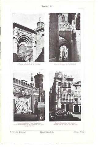 LAMINA ESPASA 40263: Los Amantes, puerta de la Catedral y Fuente El Torico de Teruel