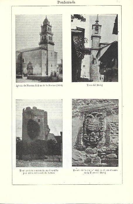 LAMINA ESPASA 40310: Iglesia de Nuestra Señora de la Encina, Torre del Reloj y escudo en Ponferrada