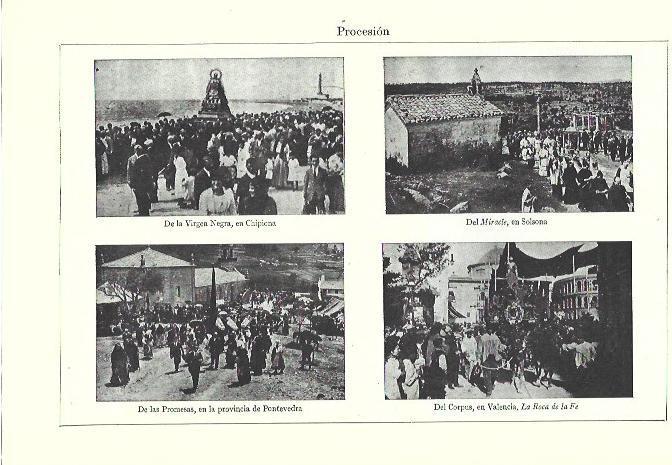 LAMINA ESPASA 39779: Procesiones en Chipiona, Solsona, Pontevedra y Valencia