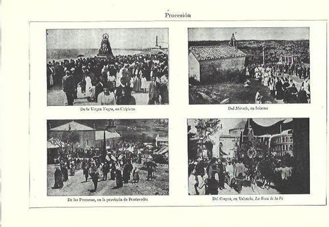 LAMINA ESPASA 39779: Procesiones en Chipiona, Solsona, Pontevedra y Valencia
