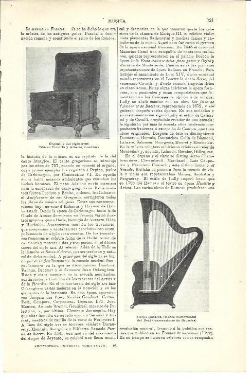 LAMINA ESPASA 40037: Organillo del siglo XVIII y harpa - guitarra
