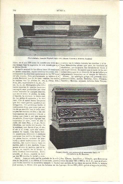 LAMINA ESPASA 40026: Clavicembalo Virginal y organo aleman del emperador Carlos V