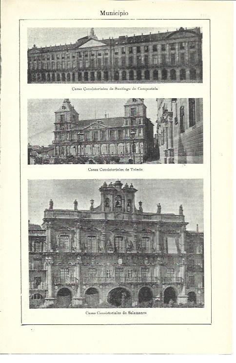 LAMINA ESPASA 39920: Ayuntamientos de Santiago de Compostela, Toledo y Salamanca