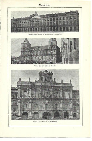 LAMINA ESPASA 39920: Ayuntamientos de Santiago de Compostela, Toledo y Salamanca