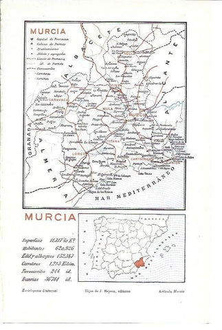 LAMINA ESPASA 39961: Mapa y datos de la provincia de Murcia