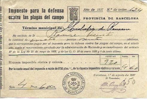 VARIOS 7082: Recibo del Impuesto para las plagas del campo en Barcelona