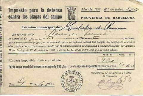 VARIOS 7082: Recibo del Impuesto para las plagas del campo en Barcelona