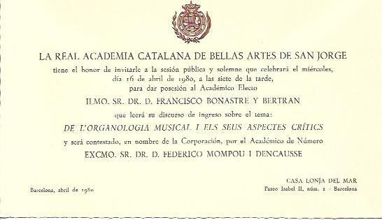 VARIOS 7078: Invitacion de la Real Academia Catalana de las Bellas Artes