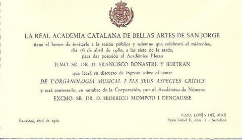 VARIOS 7078: Invitacion de la Real Academia Catalana de las Bellas Artes