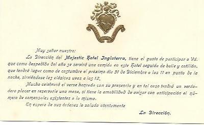 VARIOS 7075: Invitacion del Majestic Hotel Inglaterra de Barcelona