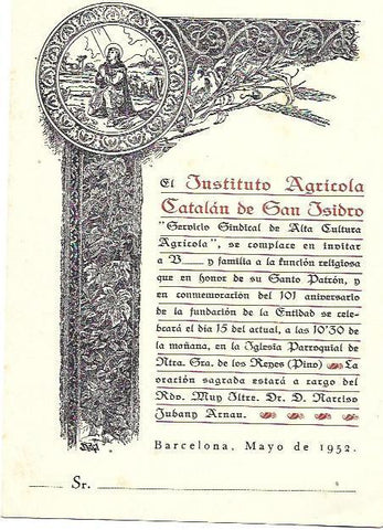 VARIOS 7102: Invitacion del Instituto Agricola Catalan de San Isidro