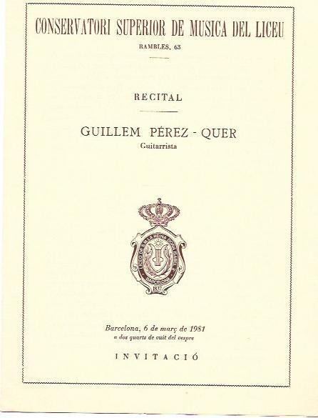 VARIOS 7101: Invitacion Conservatori del Lice Guillem Perez-Quer