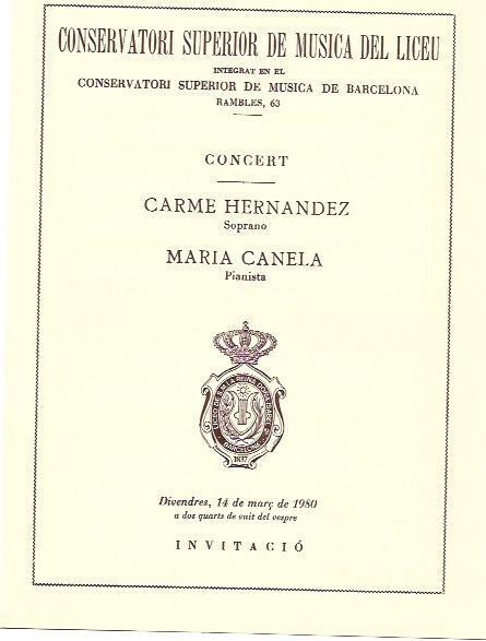 VARIOS 7098: Invitacion Conservatori del Liceu Carme Hernandez y Maria Canela