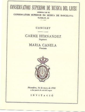 VARIOS 7098: Invitacion Conservatori del Liceu Carme Hernandez y Maria Canela