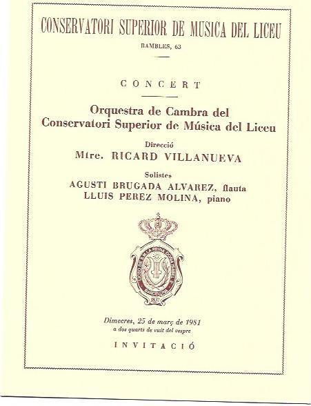 VARIOS 7100: Invitacion Conservatori del Liceu Concierto Orquestra Cambra del Conservatori
