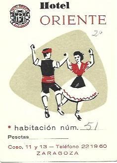 VARIOS 7038: Tarjeta de estancia Hotel Oriente de Zaragoza