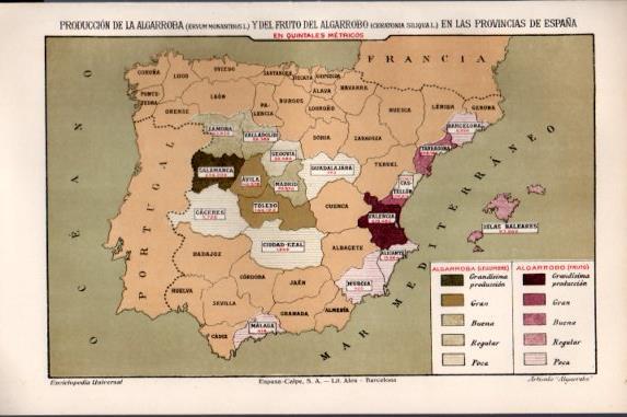 LAMINA V50516: Mapa de España produccion de la algarroba