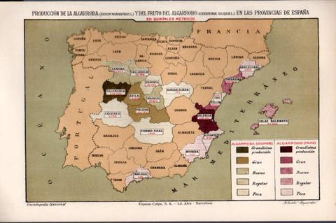 LAMINA V50516: Mapa de España produccion de la algarroba